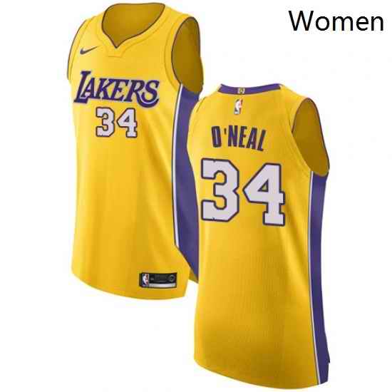 Womens Nike Los Angeles Lakers 34 Shaquille ONeal Authentic Gold Home NBA Jersey Icon Edition